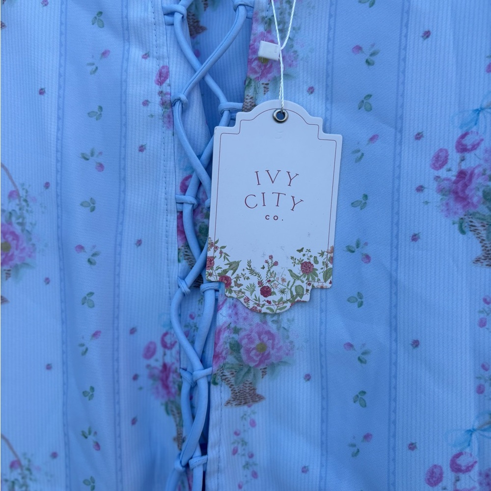 Ivy City Co Blue Floral Lace-Up Corset Top